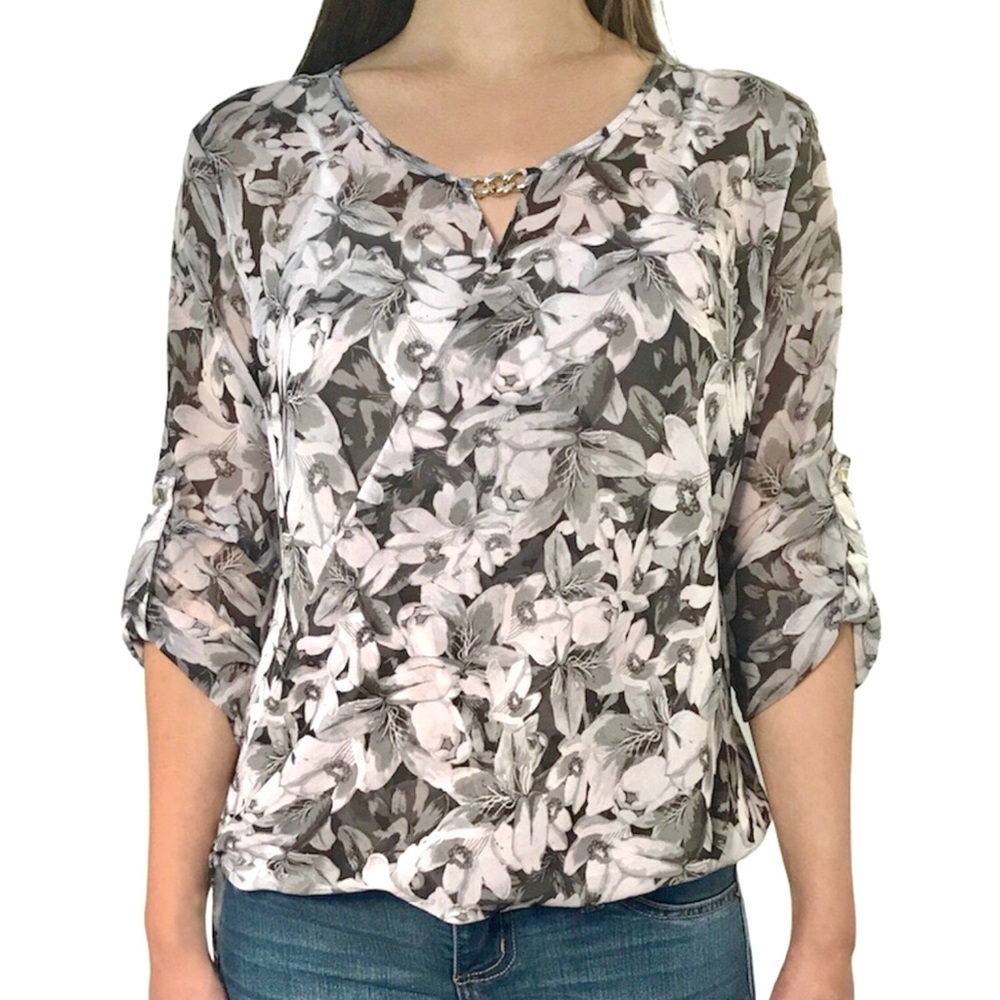 U. Style Sheer Floral Crossover Style Blouse Size S Gold Chain Detail NEW